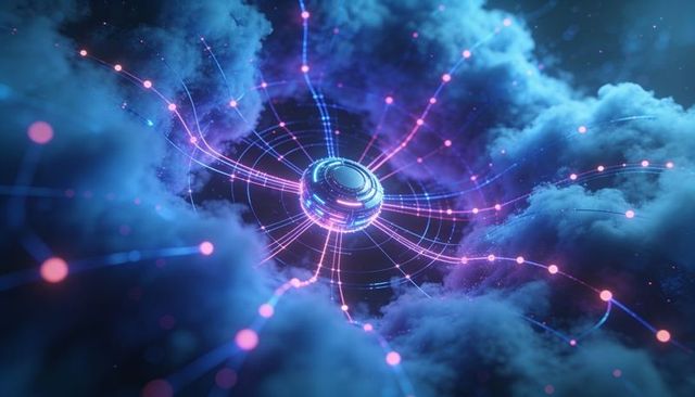 Pulsing orbital hub radiating neon strands through misty cosmic network of glowing nodes