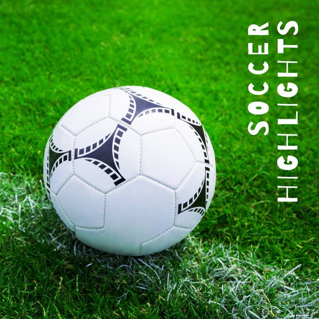 This image displays a close-up of a soccer ball on a grass pitch, with the text 'Soccer Highlights' overlayed. Useful for sports articles, match summaries, marketing promotions for soccer events, or social media posts regarding soccer tournaments.