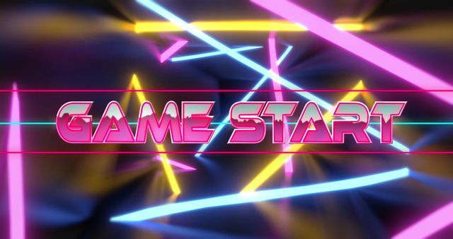 Bright and dynamic composition featuring colorful neon lights and 'Game Start' text in retro design. Perfect for use in gaming projects, website backgrounds, advertisements, and promotional material related to technology and entertainment.