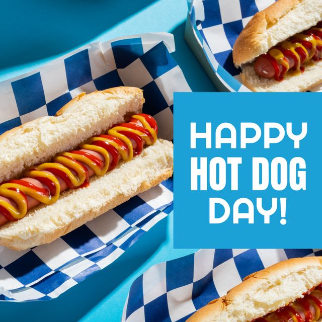 Happy Hot Dog Day Celebration with Delicious Hot Dogs in Paper Baskets - Download Free Stock Templates Pikwizard.com