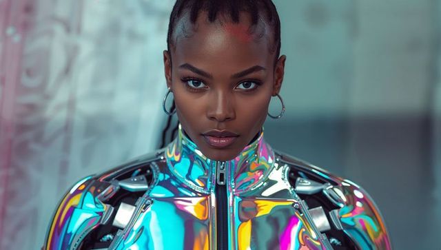 Vibrant holographic jacket on bold african american model