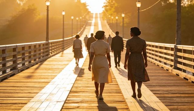 Golden-hour bridge walk with two women in vintage dresses backlit by lamplight