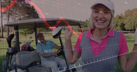 Smiling Senior Woman on Golf Course with Equipment Overlay