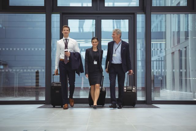 Businesspeople walking together with luggage in office