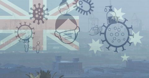 Virus symbolism over industrial port with uk and australian flags