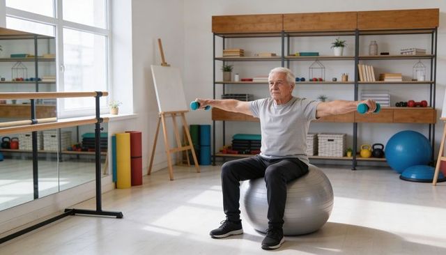 Senior man improving balance on stability ball holding teal dumbbells in sunlit studio