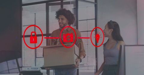 Colleagues carrying box with red security icons representing idea flow and team collaboration