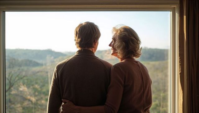 Senior couple embracing and watching rolling hills through panoramic window in warm light