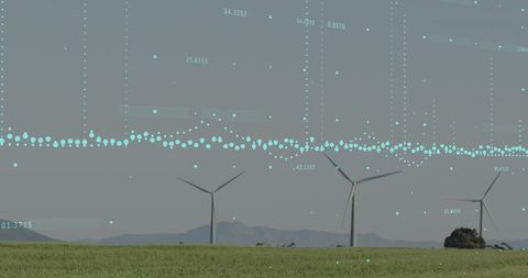 Data Visualization Overlay on Wind Turbines in Grassland