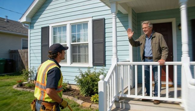Homeowner waving from front porch greeting utility worker in high-visibility vest