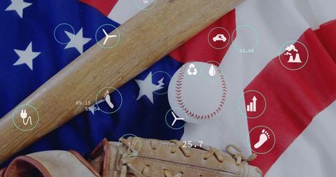 Sustainable Sports Icons on USA Flag with Baseball Equipment