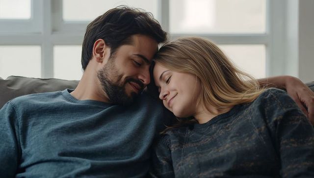 Young couple cuddling on sunlit sofa sharing cozy knitwear warmth and intimacy