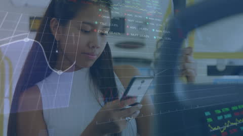 Young woman interacts with digital financial data overlay