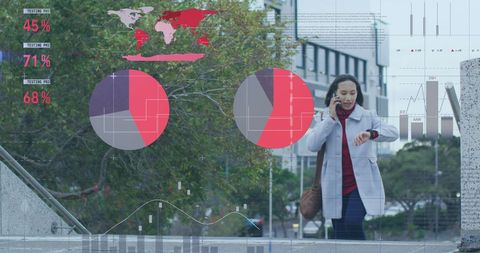 Businesswoman Multitasking with Global Data Visuals