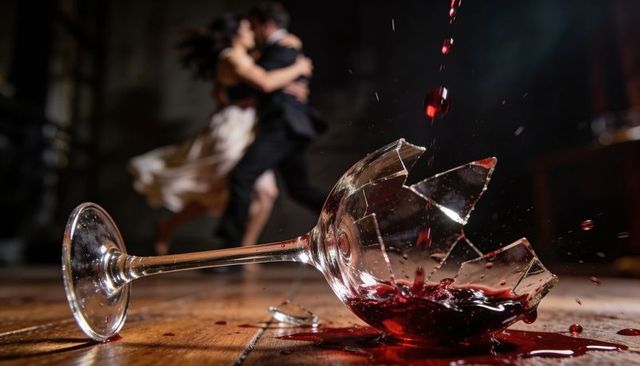 Shattered wine glass spilling crimson wine while couple dancing in cinematic ballroom