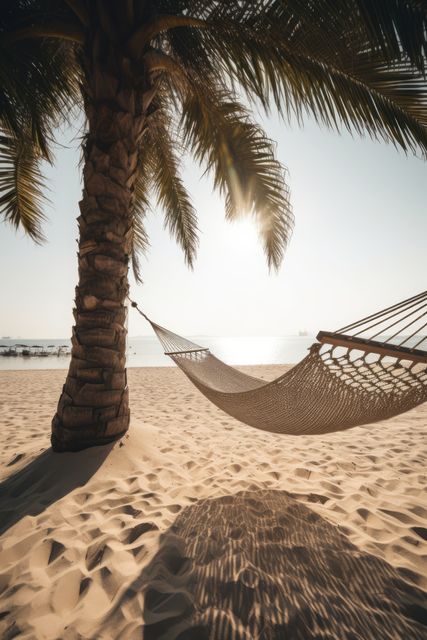 Wicker hammock on beach with palm tree, created using generative ai technology - Download Free Stock Photos Pikwizard.com