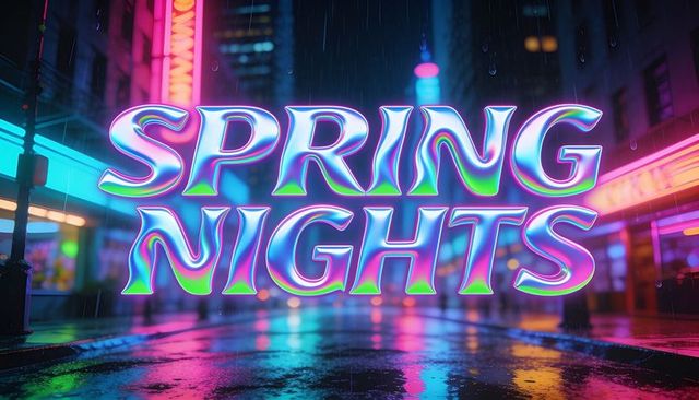 Neon 3d wordmark spring nights over reflective rainy city street with iridescent glow