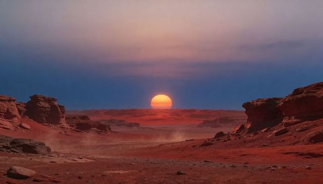 Crimson desert sunset over sandstone mesas and eroded buttes with dusty horizon