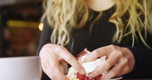 Woman Enjoying Delicious Dessert with Cream in Cafe - Download Free Stock Images Pikwizard.com