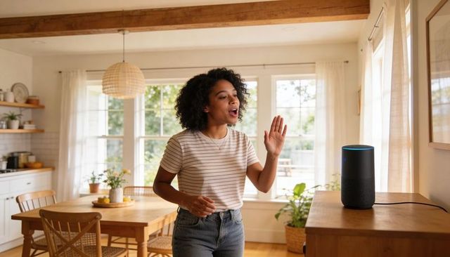 Woman using glowing smart speaker in bright cozy kitchen, voice control and singing
