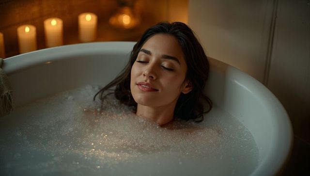 Young woman relaxing in bubble bath with candlelight glow, soft towels, luxury spa ambiance