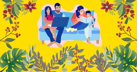 Family Relaxing on Couch in Tropical Floral Setting - Download Free Stock Images Pikwizard.com