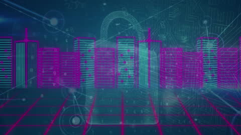 Digital Cityscape with Secure Padlock Illustration