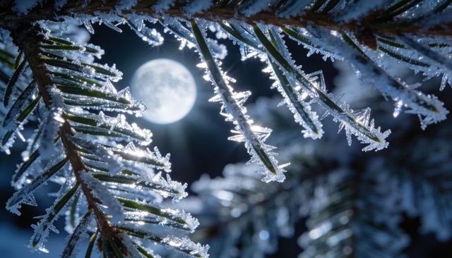 Hoarfrost-crusted fir needles glittering under full moonlight on winter night