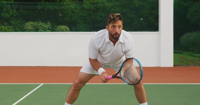 Male Tennis Player Ready for Serve on Tennis Court - Download Free Stock Images Pikwizard.com