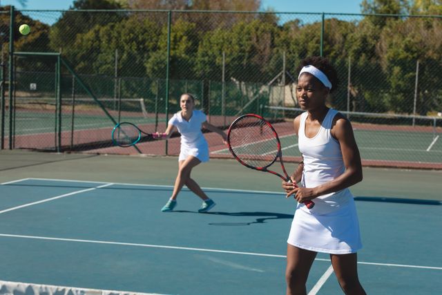 Multiracial young female doubles team playing tennis together at court on sunny day. unaltered, sport, competition and tennis game concept.