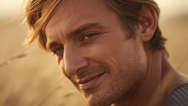 Golden-hour portrait close-up smiling man in meadow with warm sunlight and calm expression