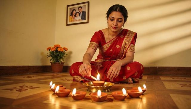 Indian woman in red embroidered sari lighting clay diyas for diwali celebration at home