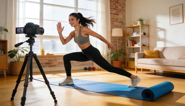 Home fitness instructor filming live workout performing dynamic lunge on blue mat