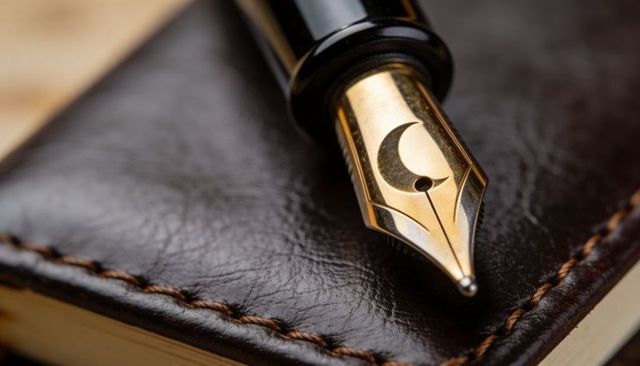 Vintage gold fountain pen nib resting on stitched leather journal macro for luxury writing