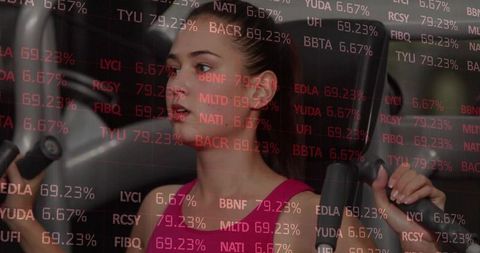 Female exercising on weight machine with financial data overlay