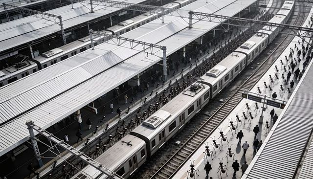 Silver commuter train passing crowded urban station with bicycles and rushing commuters