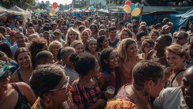 Multicultural crowd celebrating busy urban street festival with balloons and vendors