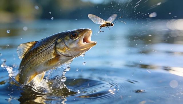 Leaping lake fish chasing fly lure with splash and water droplets, sunlit ripples