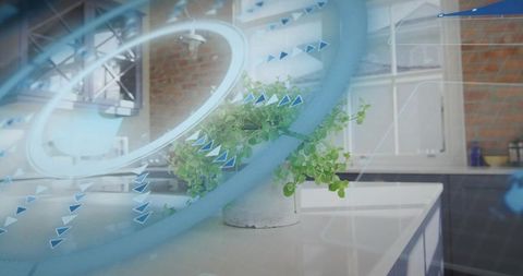Green houseplant on glossy island in industrial loft kitchen with futuristic ar overlay