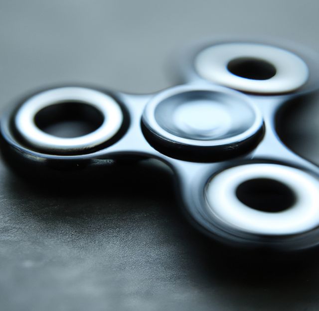 Close-up of a black fidget spinner on a table. The spinner is a modern toy popular with people of all ages for relaxation and stress relief. Ideal for illustrating concepts related to anxiety management, contemporary trends in toys, and current relaxation gadgets.
