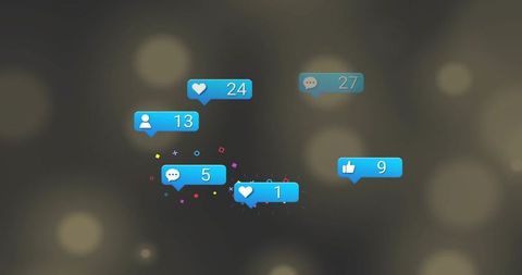 Floating social media notification bubbles with icons and confetti on bokeh background