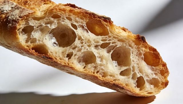 Baguette slice revealing golden crust and airy open crumb, macro bakery texture detail