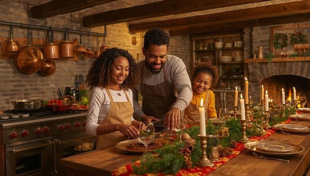 Family Cooking Together in Rustic Kitchen During Holiday Celebration