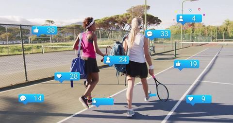 Female tennis players walking on court with social engagement icons