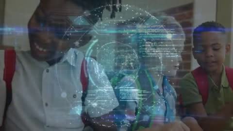 Diverse Kids Collaborating With Futuristic Tech Overlay