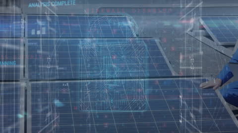 Engineer Analyzing Data on Solar Panels with Digital Interface