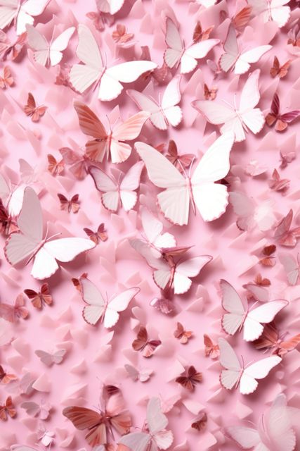 Full frame of pink butterflies on pink background, created using generative ai technology. Beauty in nature, delicacy and femininity wallpaper background concept digitally generated image.