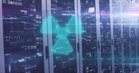 Data Center Corridor with Holographic Radiation Symbol