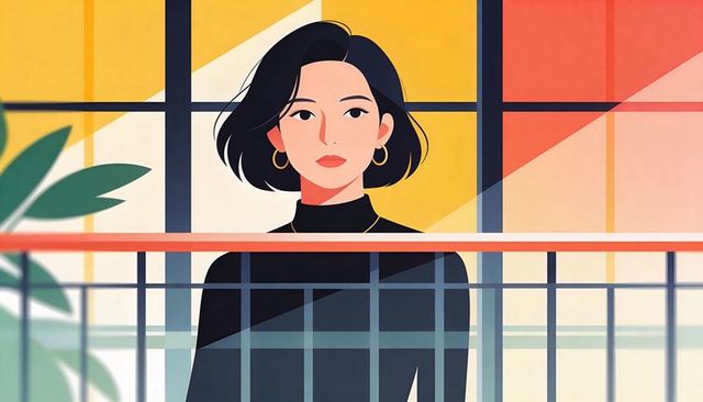 Minimalist asian woman on balcony with gold hoops and geometric colorblock window