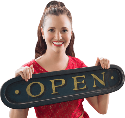 Transparent background smiling woman holding open sign